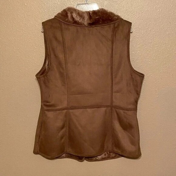 Denim & Co. Microsuede Faux Fur lined Winter vest Brown Size M with Side Pockets - Picture 4 of 10